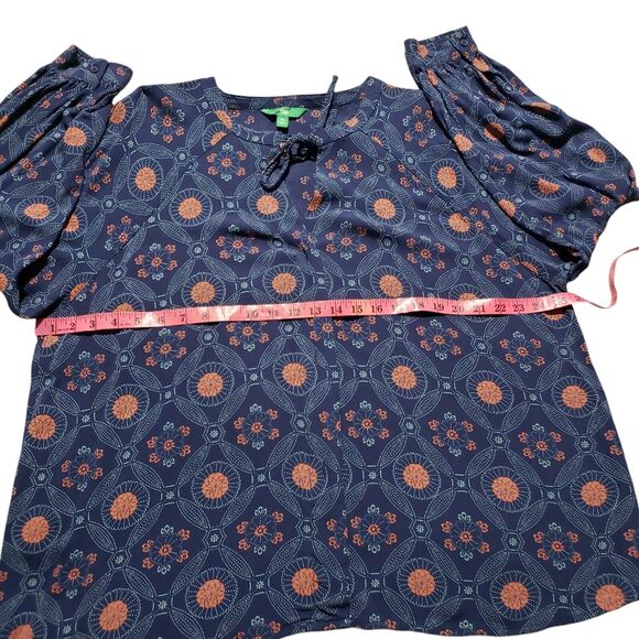 Dip Popover Blouse Women's 3X Blue Geometric Medallion Tie Neck Button Cuff Boho - Picture 7 of 8